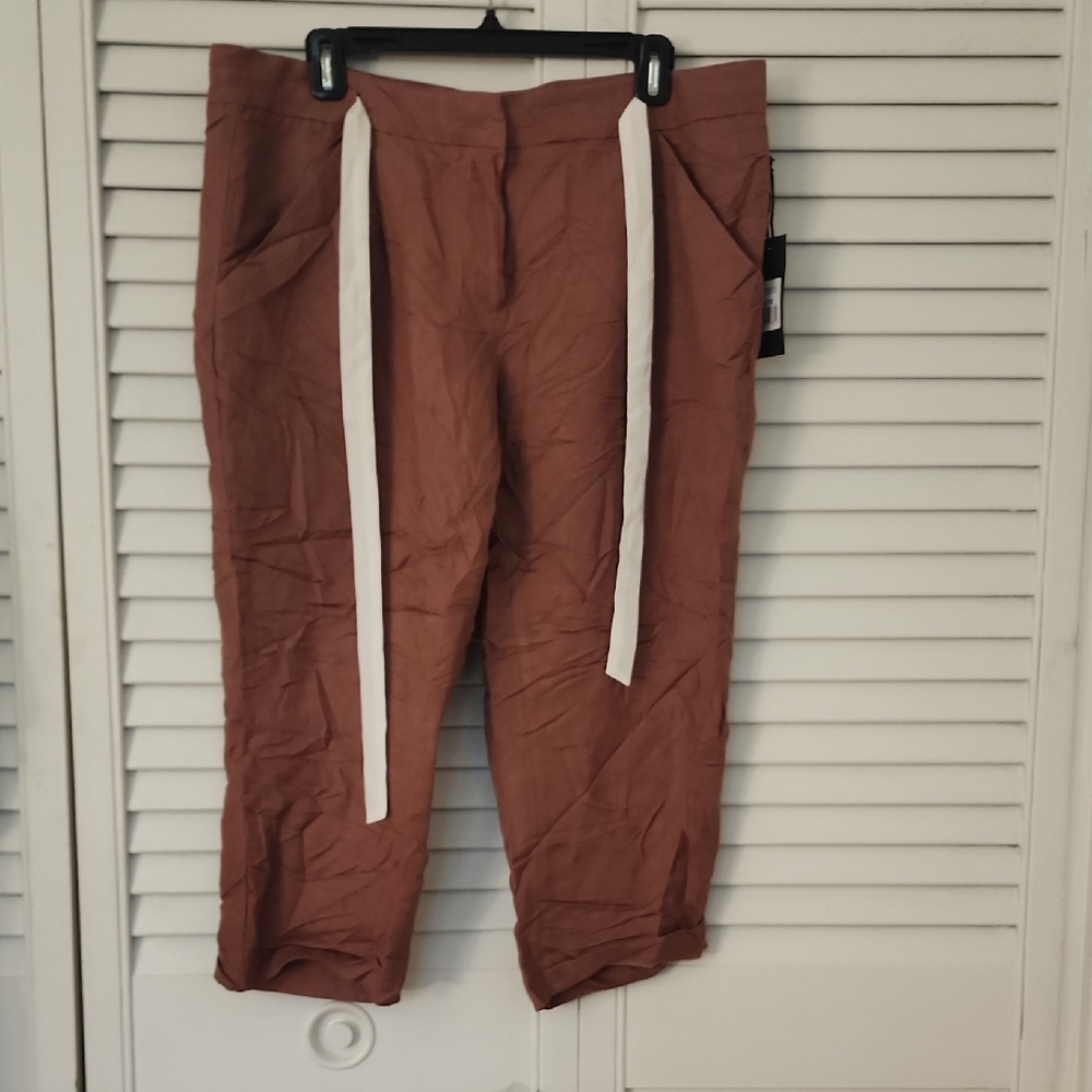 Linen Blend Brown Cropped Pants with White Drawstrings.
